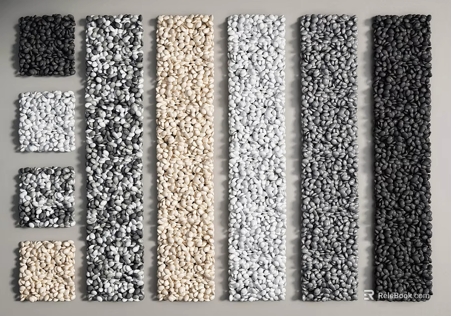 Stone and Wood Various Colored Textured Plank Samples Arranged in 3d model