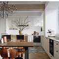 Restaurant Kitchen Interior with White Cabinets Chandelier Vase and Coffee Machine