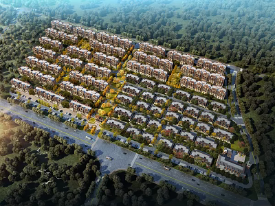 Aerial Planning of Neatly Arranged Residential Community With Trees and Roads 3d model