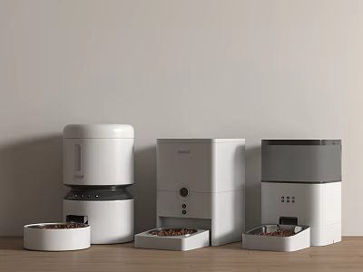 Different Design Automatic Pet Feeders With Food Trays On Wooden Floor 3d model