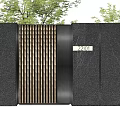 Building Exterior Wall Featuring Black Textured Vertical Slat Gate 2911 Number Green Trees Blue Sky