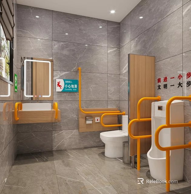 Accessible Public Toilet Interior With Yellow Handrails Modern Tiled Walls And Clean Facilities 3d model 