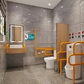 Accessible Public Toilet Interior With Yellow Handrails Modern Tiled Walls And Clean Facilities