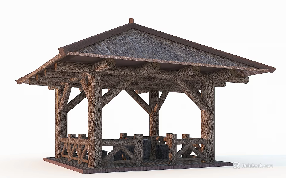 Traditional Outdoor Gazebo With Wooden Structure Thatched Roof And Log Railings 3d model 