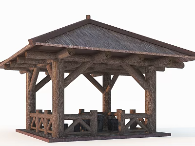 Traditional Outdoor Gazebo With Wooden Structure Thatched Roof And Log Railings 3d model