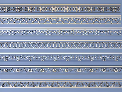 Intricate Ornate Carved Decorative Stripes On Blue Background With Gold Accents 3d model