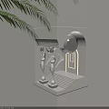 Elegant Wall Lamp with Winged Statues Near Stairs and Arched Doorway and Palm Leaves