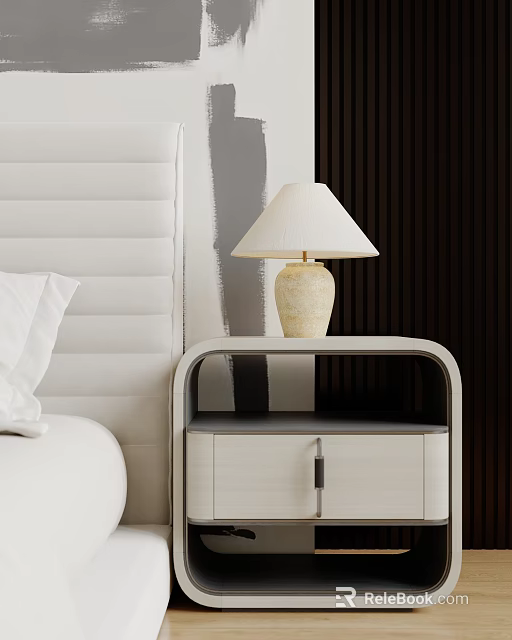 Minimalist Bedroom Table Lamp With Beige Lampshade And Ceramic Base On White Nightstand 3d model 