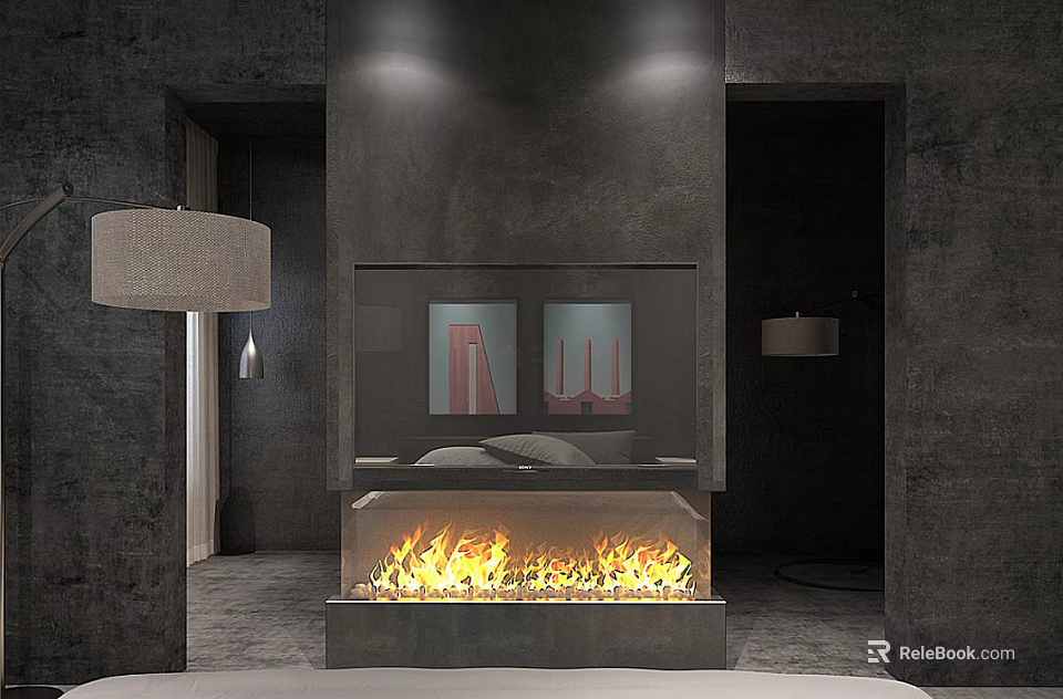 Modern Built in Fireplace With Flaming Fire And Recessed Lighting In Concrete Interior 3d model 