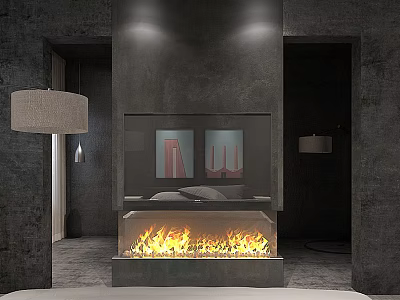 Modern Built in Fireplace With Flaming Fire And Recessed Lighting In Concrete Interior 3d model