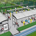 Bicycle And Scooter Parking Shelter With Canopy Structure Green Surroundings And Bicycle Icon Signs