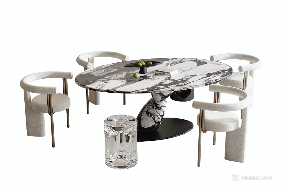 Elegant Modern Dining Table And Chairs Set With Marble Top And White Metal Leg Design 3d model 