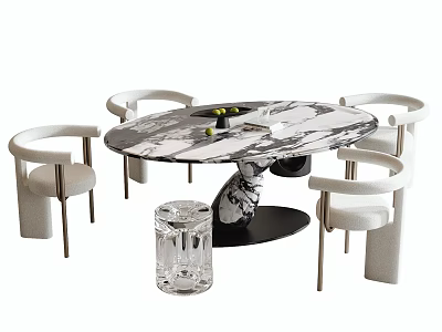 Elegant Modern Dining Table And Chairs Set With Marble Top And White Metal Leg Design 3d model