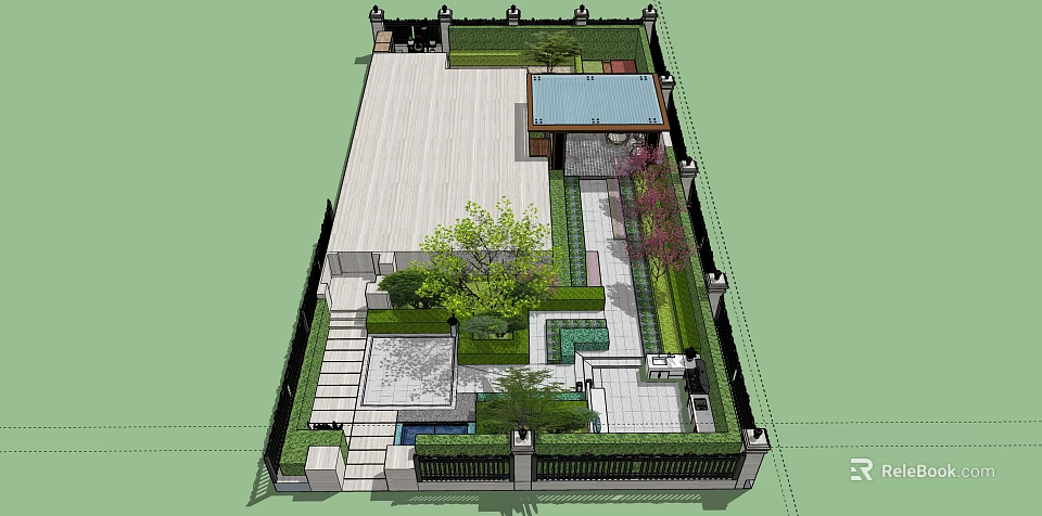 Garden Landscape Design With Lush Plants Stone Pathways Water Pond And Covered Pavilion 3d model 