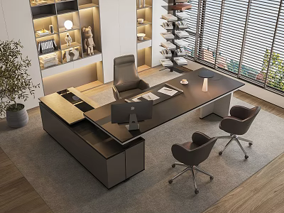 Modern Office Desk Interior With Ergonomic Chairs Laptop Wooden Shelves Window Blinds And Potted Plant 3d model