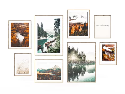 Multiple Framed Scenery Prints Wall Decor Mountain Lake Forest Boat for Home Interior 3d model