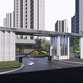 Modern Entrance Gate Design With High Rise Buildings And Driveway Green Plants