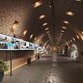 Brick Arch Corridor Interior With Display Boards Plants Vintage Items And Lighting