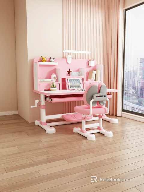 Pink Adjustable Children's Desk with Chair Bookshelf Lamp in Bright Kids Study Room 3d model 