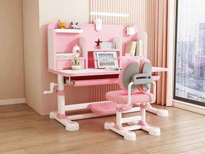 Pink Adjustable Children's Desk with Chair Bookshelf Lamp in Bright Kids Study Room 3d model