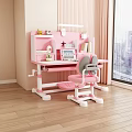 Pink Adjustable Children's Desk with Chair Bookshelf Lamp in Bright Kids Study Room