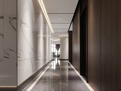 Modern Office Corridor With White Marble Walls And Polished Dark Floor Design 3d model