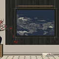 Framed Landscape Painting With Black Vase Red Blossoms Wooden Stand And Dark Wall Background