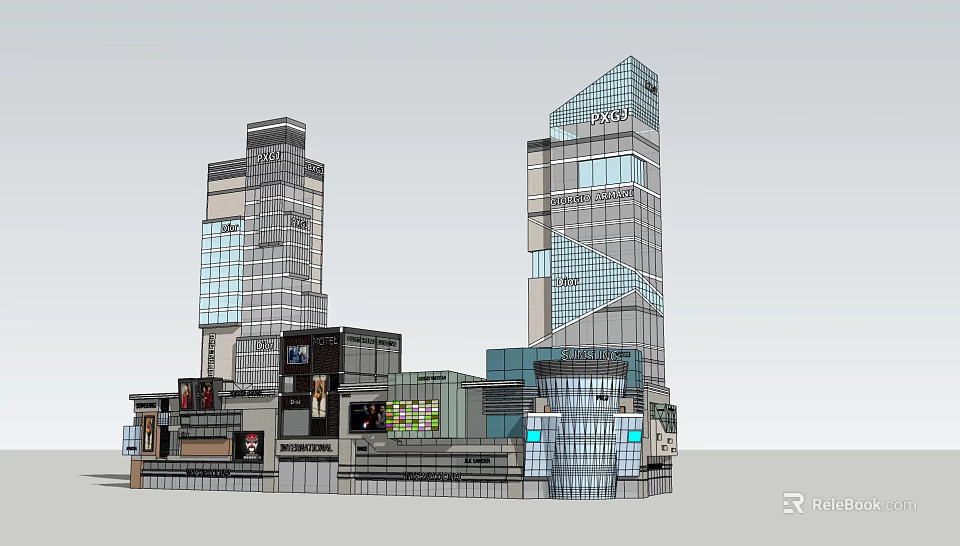 Modern Commercial Street With Tall Buildings Glass Facades And Retail Shops 3d model 