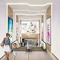 Bright Modern Supermarket Department Store Entrance With Escalators And Product Billboards
