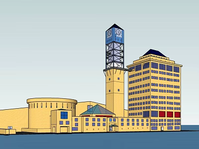 Yellow Exterior Multi Story Building Complex With Clock Tower Circular Structure And Blue Roof 3d model