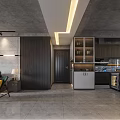 Modern Industrial Living And Dining Room With Concrete Ceiling Wooden Wall And Furniture