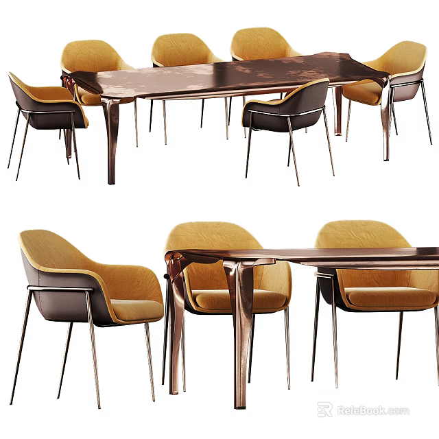 Modern Dining Table Set With Yellow Upholstered Chairs Dark Tabletop And Metal Frame 3d model