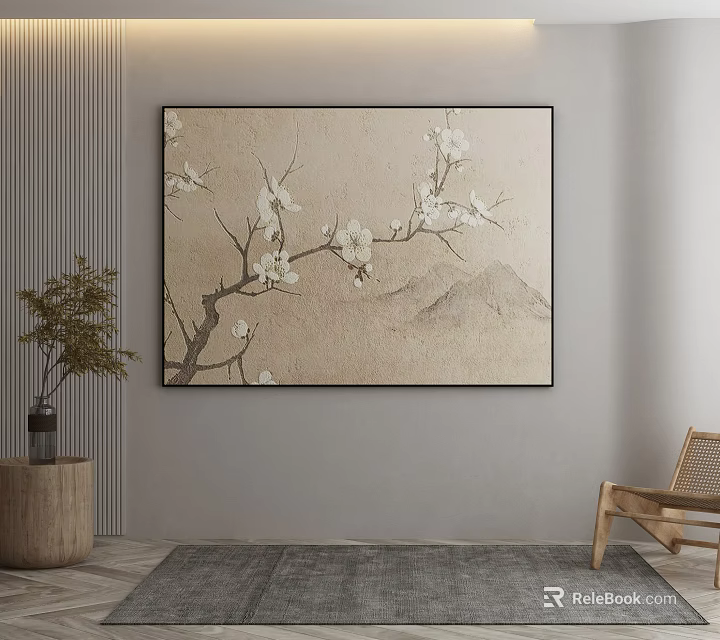 Botanical Painting With White Flowers And Branches In Minimalist Interior Hanging On Wall 3d model 