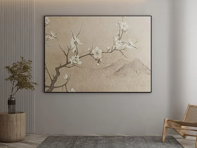 Botanical Painting With White Flowers And Branches In Minimalist Interior Hanging On Wall 3d model