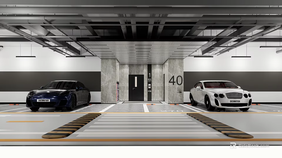 Modern Underground Parking Garage With Black White Cars Pillars Number 40 And Striped Floor Lines 3d model 