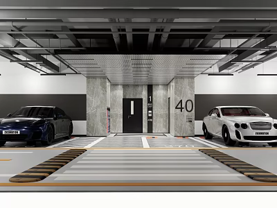 Modern Underground Parking Garage With Black White Cars Pillars Number 40 And Striped Floor Lines 3d model