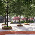 Park Landscape With Green Trees White Flowering Trees Modern Buildings And Paved Area