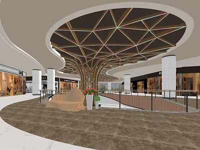 Spacious Shopping Mall Lobby With Geometric Ceiling White Columns And Marble Floor 3d model