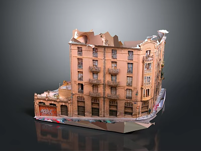 Old Style Multi Story Building Model With Balconies Windows And Graffiti 3d model