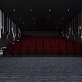 Modern Cinema Interior With Neatly Arranged Red Seats White Linear Lights And Ceiling Recessed Lights