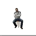 A Man Sitting on Wooden Stool with Crossed Arms in White Jacket and Blue Jeans