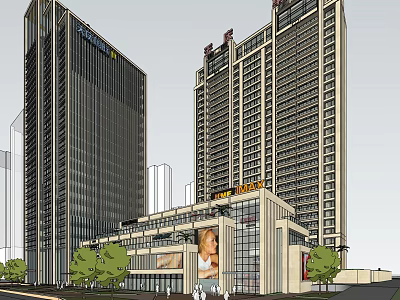 Modern High Rise Commercial Buildings With Glass Curtain Walls And Urban Street View 3d model