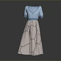 Women's Blue Short Sleeve V Neck Dress With Light Pink Geometric Pattern Skirt