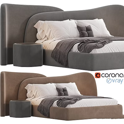 Modern Bed With Upholstered Headboard Gray Brown Colors Bedside Table And White Pillows 3d model