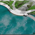 Waterfront Landscape Design With Calm Water Winding Walkway Green Trees And Natural Stone Wall