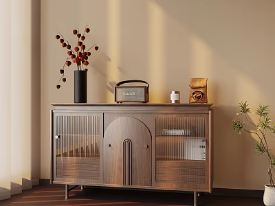 Wooden Cabinet With Black Vase Dried Flowers Vintage Radio And Green Plant 3d model