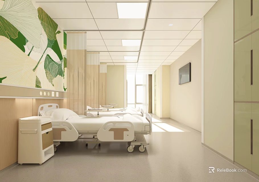 Hospital Outpatient Ward Interior With Beds Cabinets And Artworks 3d model 