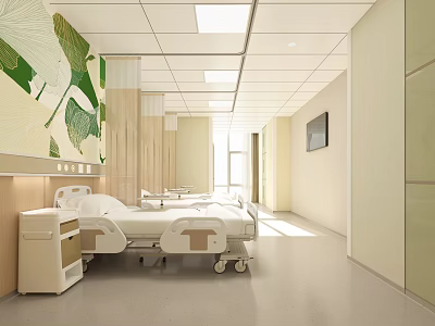 Hospital Outpatient Ward Interior With Beds Cabinets And Artworks 3d model