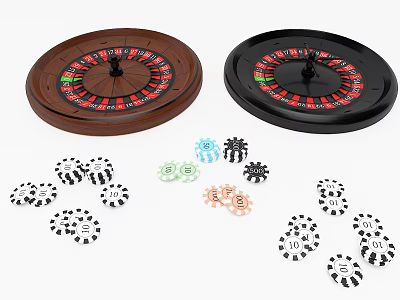 Roulette Entertainment Table with Brown and Black Wheels and Colorful Poker Chips for Game Room 3d model