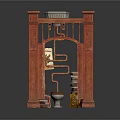 Wooden Architectural Gateway Structure With Arched Design Open Door And Top Lamp